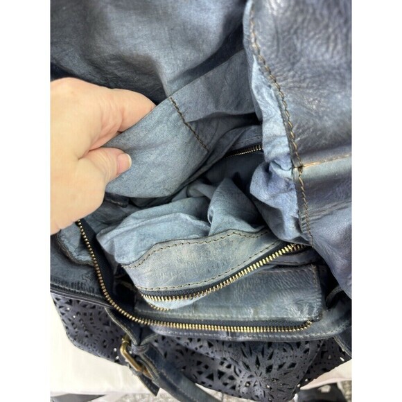 Italian Shoulder Bag Navy Blue Laser Cut Roomy Crossbody Divided Adjustable - Picture 3 of 14